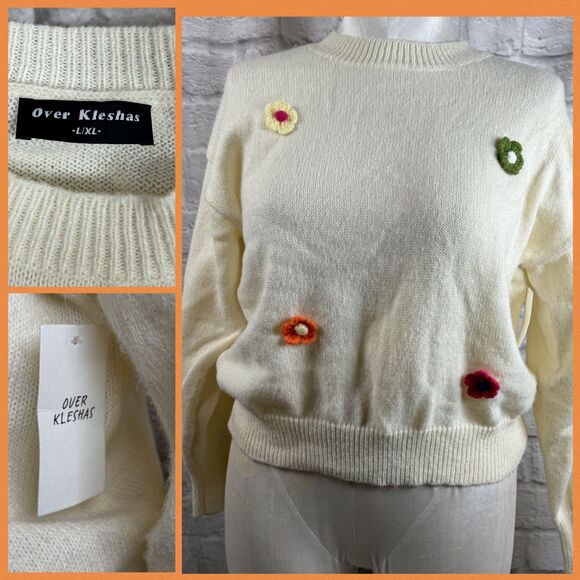 Over Kleshas Sweaters - Over Kleshas Knitted Flower Sweater Womens Large / XL Pullover Daisies NWT